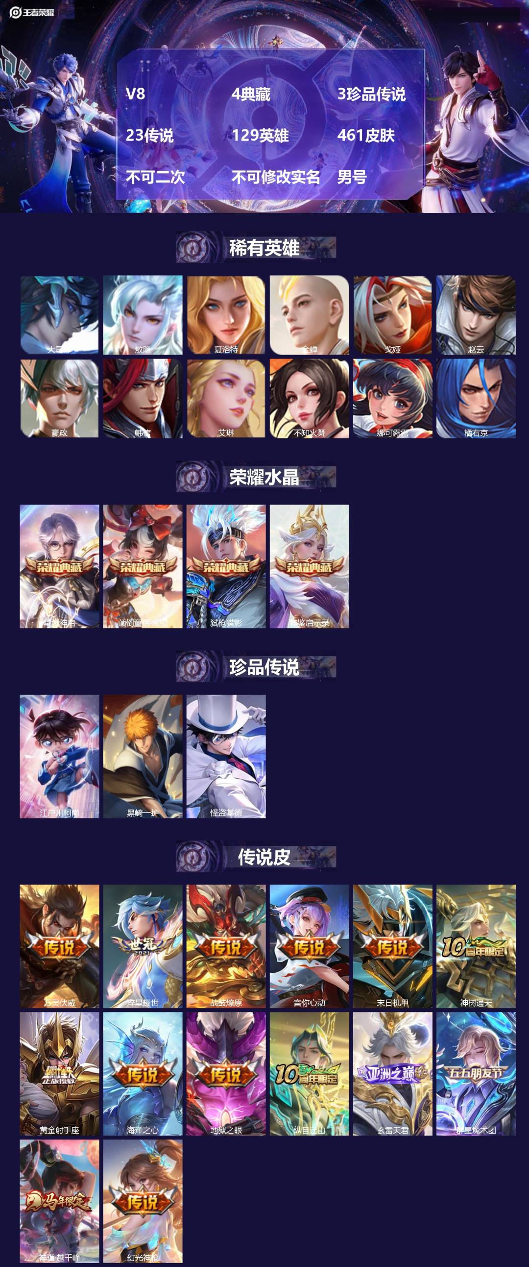 王者荣耀账号安卓VXV8 4典藏 3珍品传说 23传说 129英雄 461皮肤 不可二次 不可修改实名 男号 
【英雄全