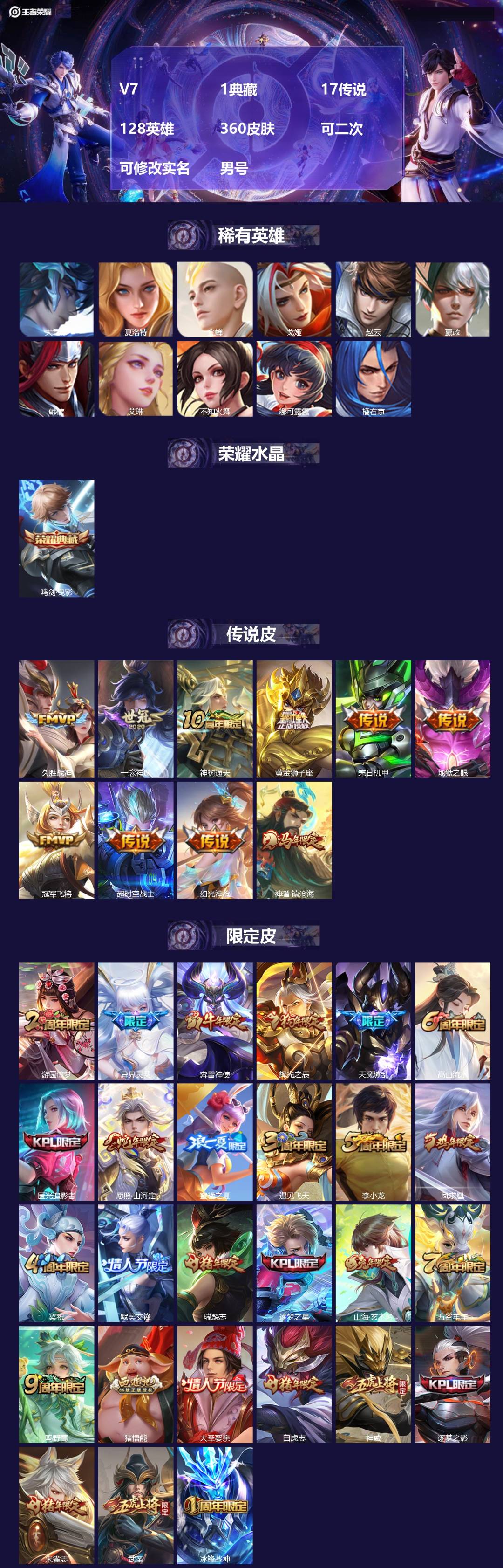 王者荣耀账号苹果QQ[22460020]V7 1典藏 17传说 128英雄 360皮肤 可二次 可修改实名 男号 
【英
