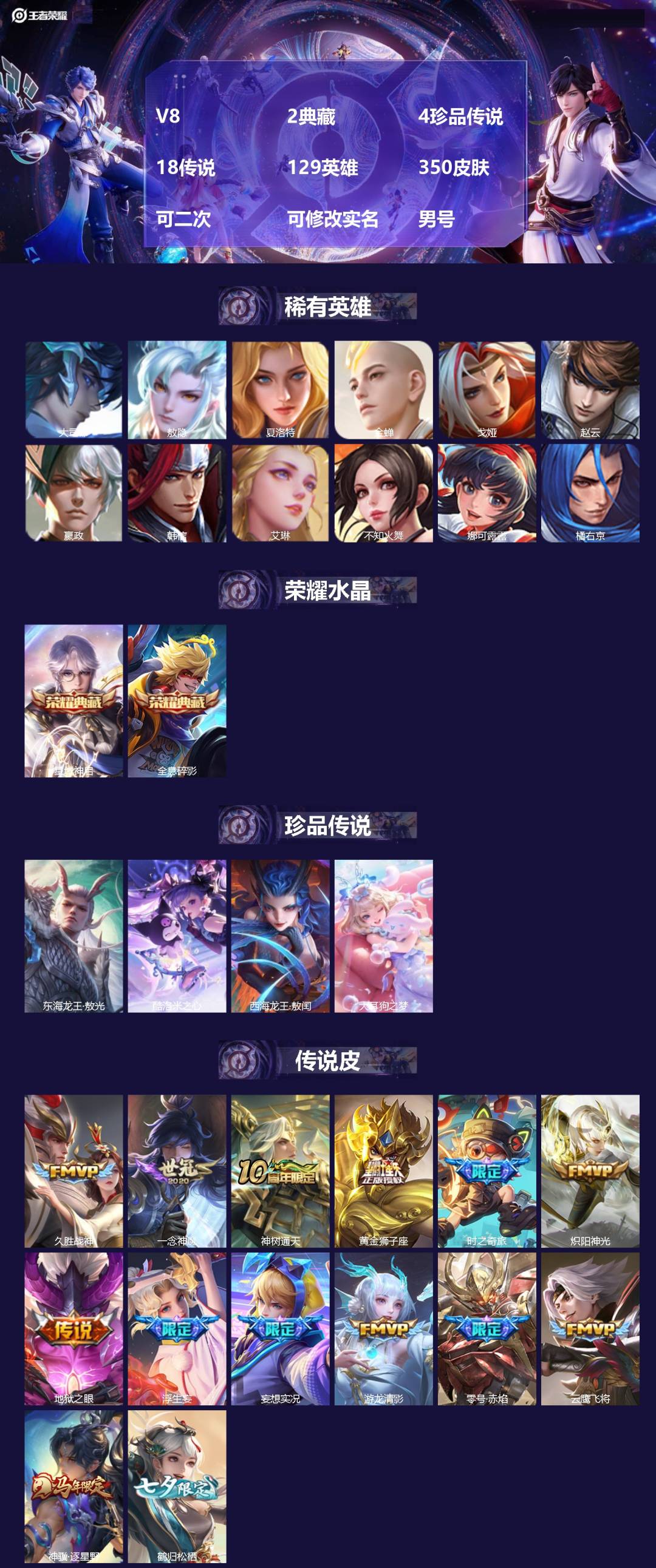 王者荣耀账号安卓VXV8 2典藏 4珍品传说 18传说 129英雄 350皮肤 可二次 可修改实名 男号 
【英雄全皮】