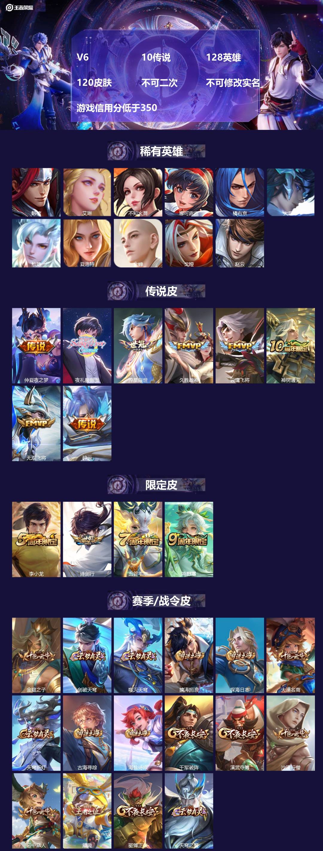 王者荣耀账号安卓VXV6 10传说 128英雄 120皮肤 不可二次 不可修改实名 游戏信用分低于350
【英雄全皮】蚩