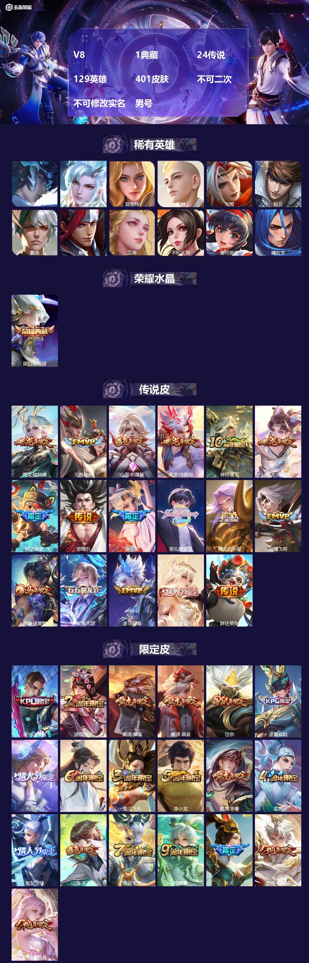 王者荣耀账号苹果QQ[22491859]V8 1典藏 24传说 129英雄 401皮肤 不可二次 不可修改实名 男号 
