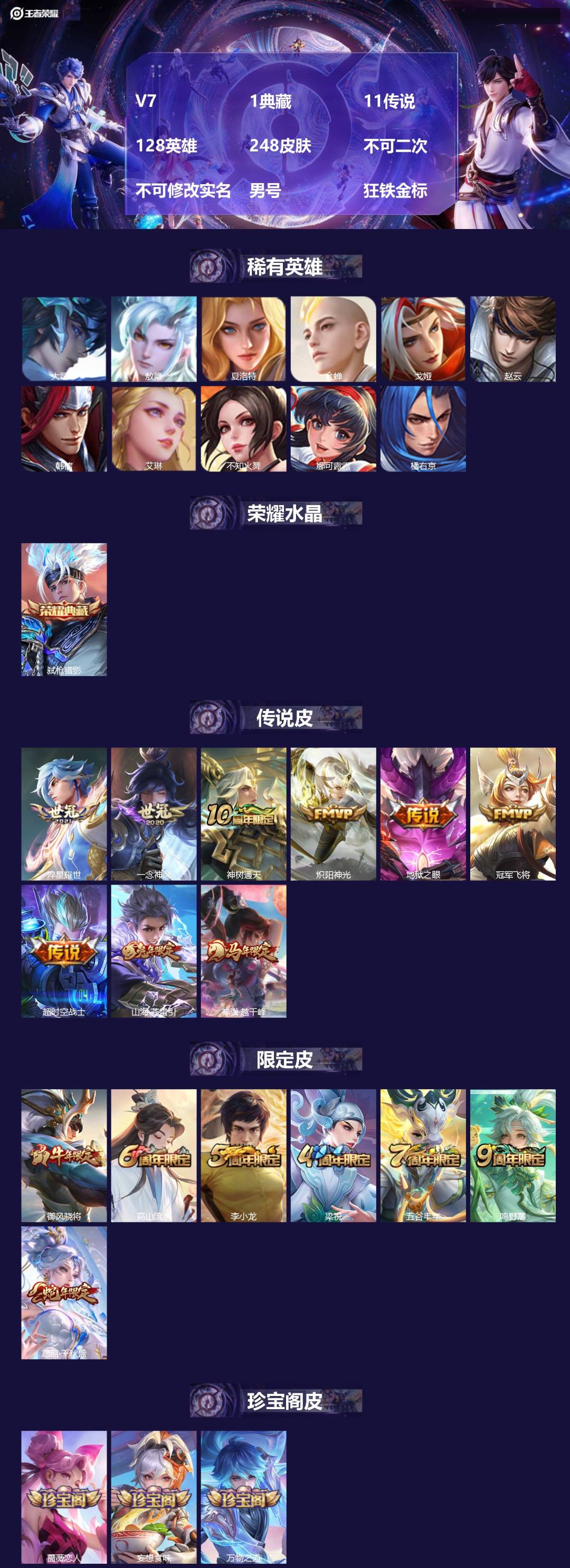 王者荣耀账号苹果QQ[22523037]V7 1典藏 11传说 128英雄 248皮肤 不可二次 不可修改实名 男号 狂