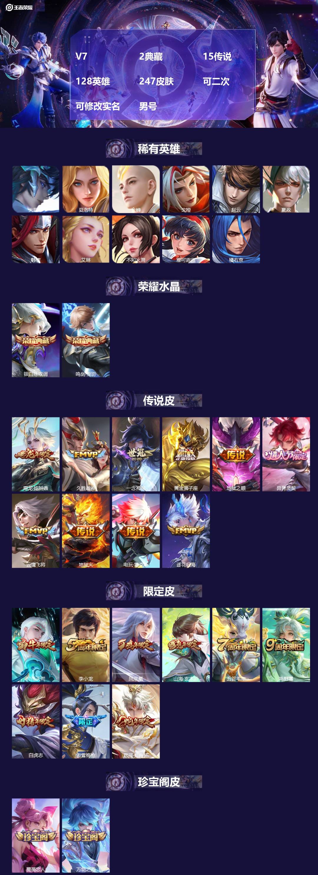 王者荣耀账号安卓QQ[22523509]V7 2典藏 15传说 128英雄 247皮肤 可二次 可修改实名 男号 
【英