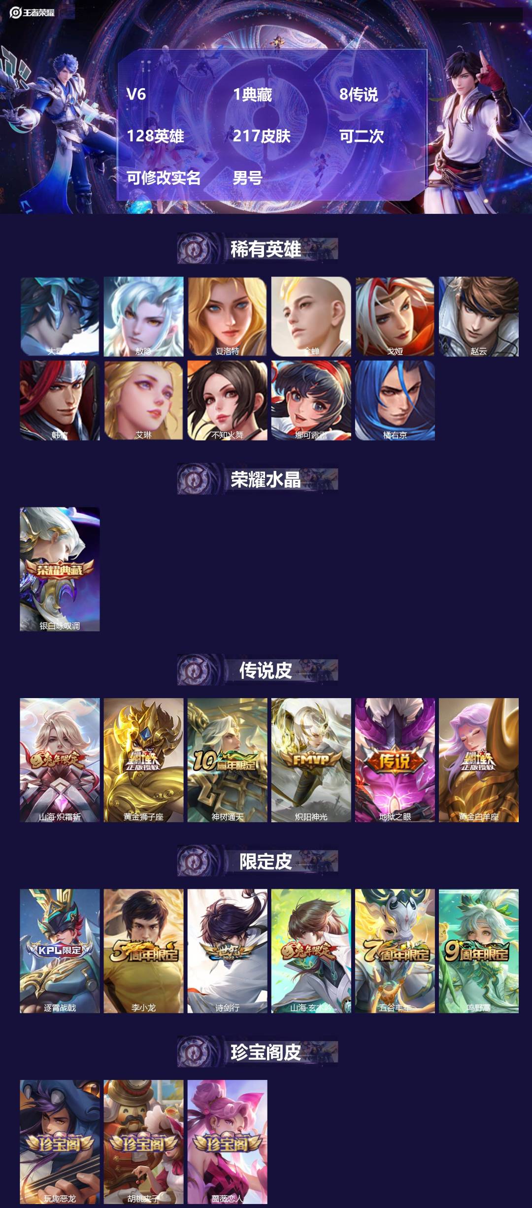 王者荣耀账号安卓QQ[22530682]V6 1典藏 8传说 128英雄 217皮肤 可二次 可修改实名 男号 
【英雄