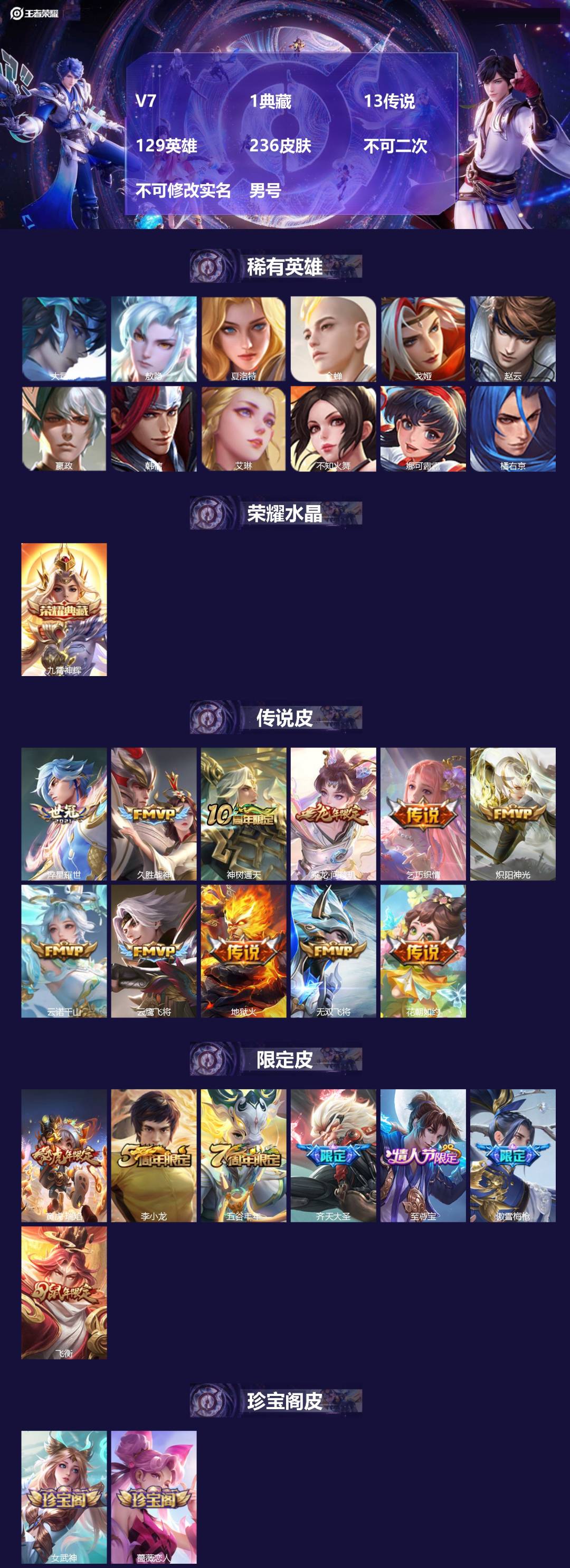 王者荣耀账号安卓QQ[22559587]V7 1典藏 13传说 129英雄 236皮肤 不可二次 不可修改实名 男号 

