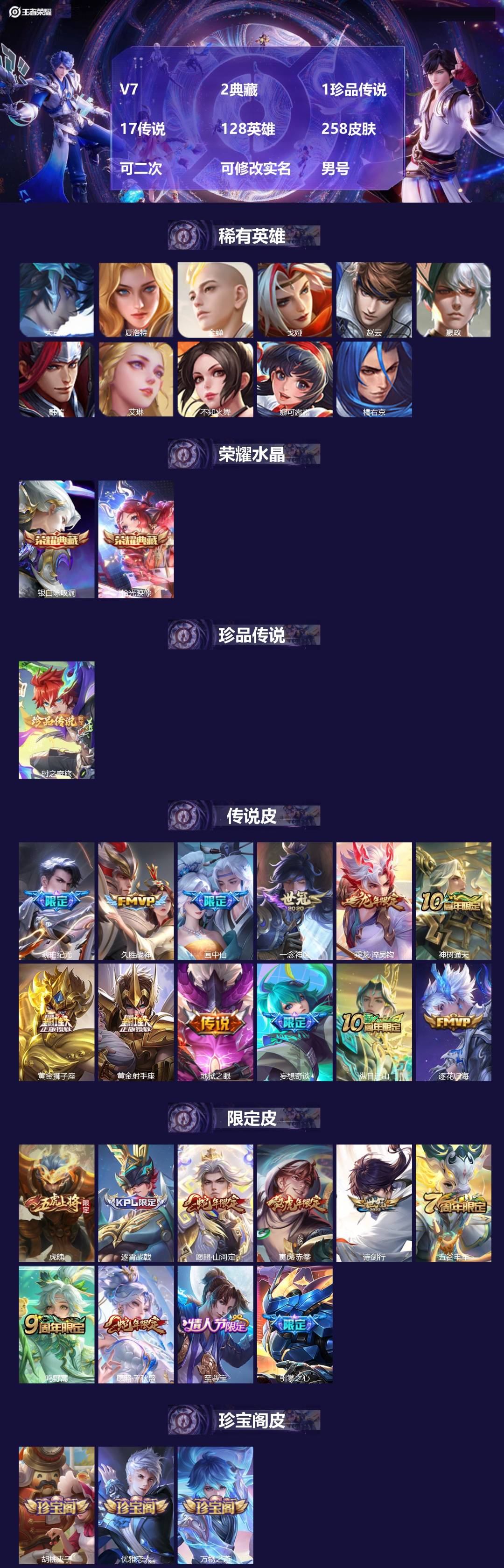 王者荣耀账号安卓QQV7 2典藏 1珍品传说 17传说 128英雄 258皮肤 可二次 可修改实名 男号 
【英雄全皮】