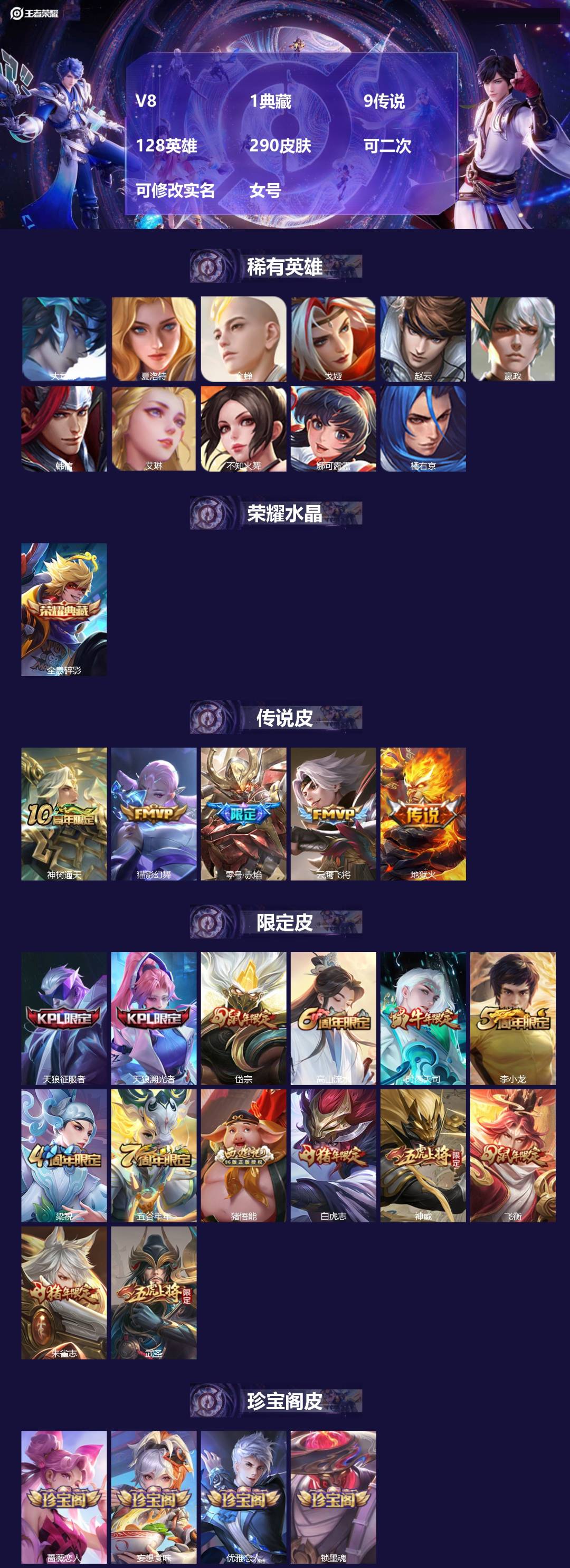 王者荣耀账号安卓QQ[22572312]V8 1典藏 9传说 128英雄 290皮肤 可二次 可修改实名 女号 
【英雄