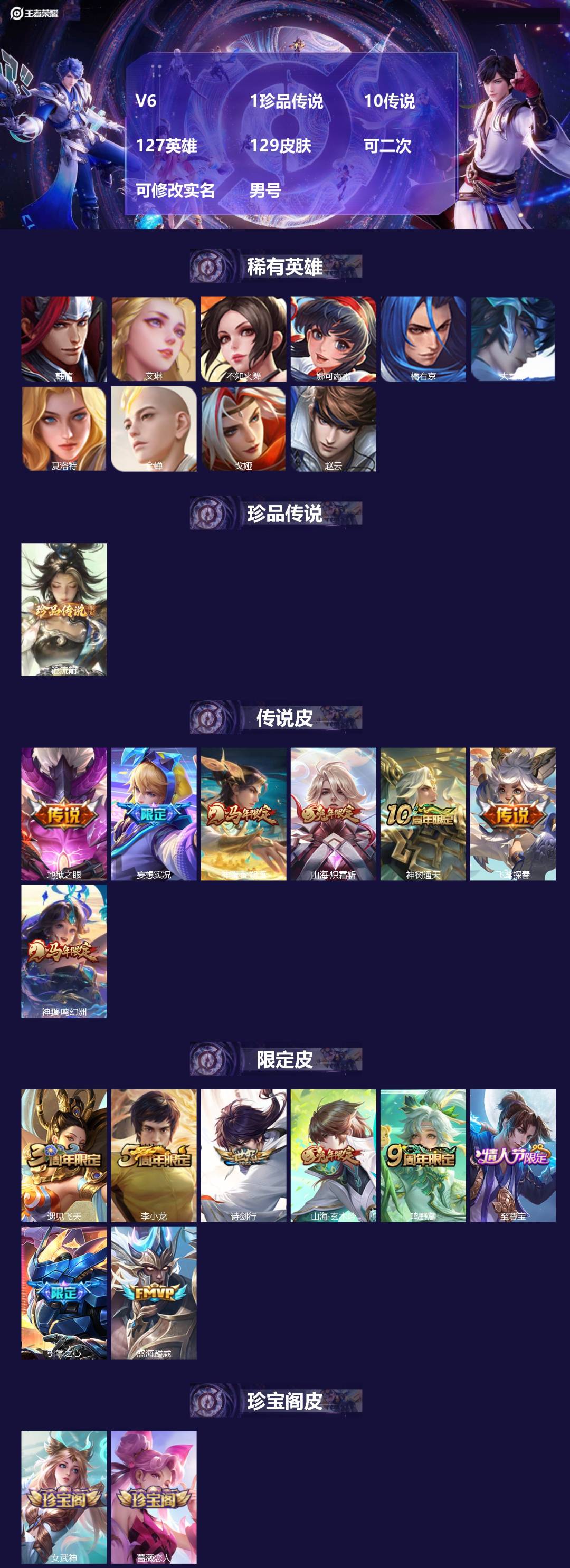 王者荣耀账号安卓QQ[22625231]V6 1珍品传说 10传说 127英雄 129皮肤 可二次 可修改实名 男号 

