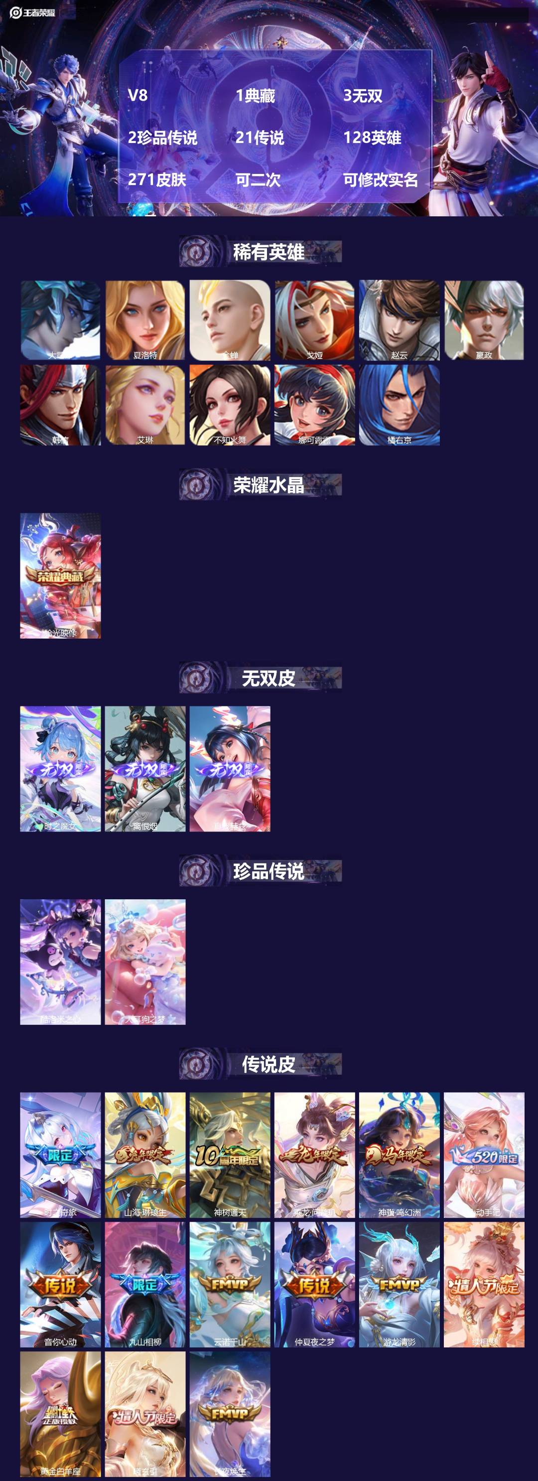 王者荣耀账号安卓QQ[22672883]V8 1典藏 3无双 2珍品传说 21传说 128英雄 271皮肤 可二次 可修