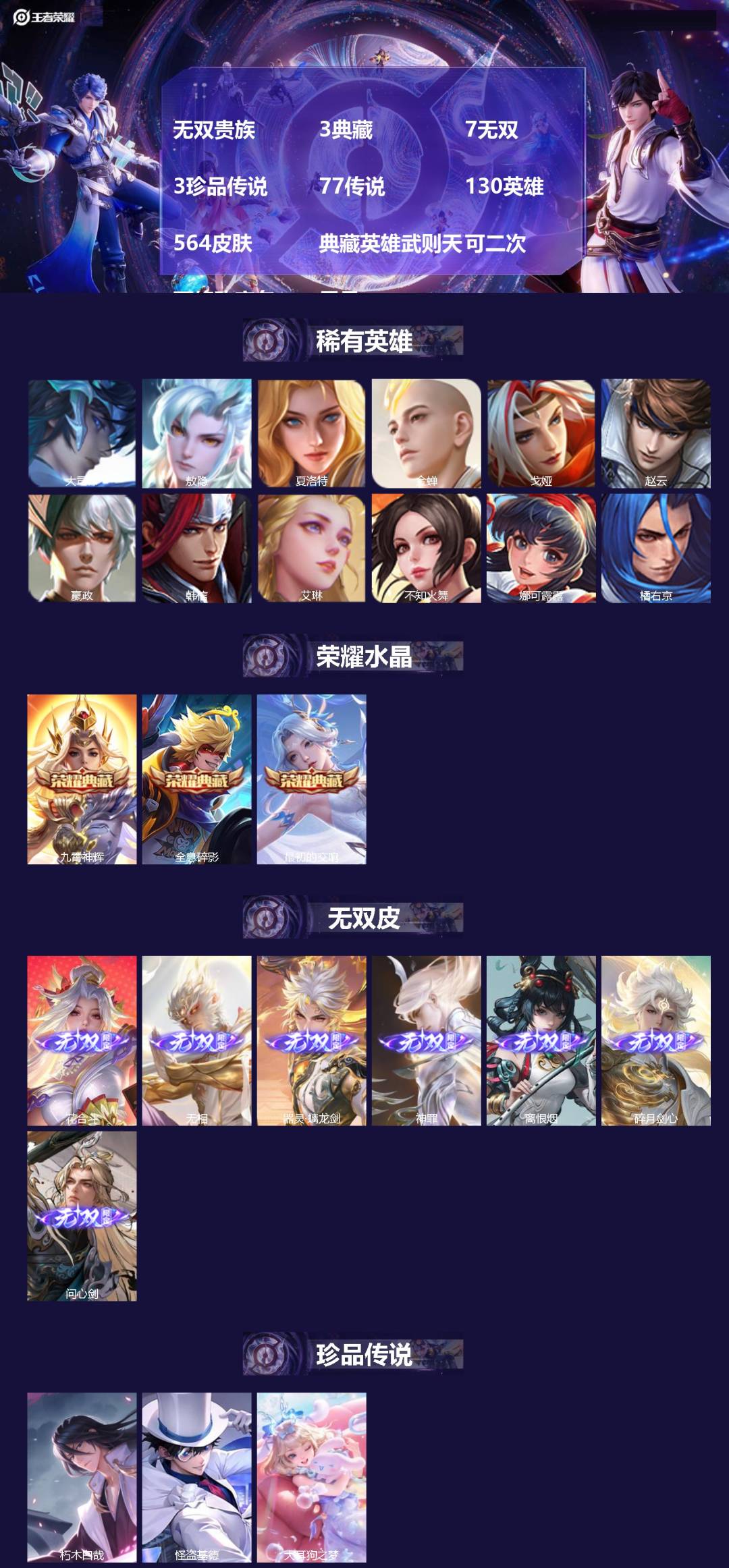 王者荣耀账号安卓QQ[22683312]无双贵族 3典藏 7无双 3珍品传说 77传说 130英雄 564皮肤 典藏英雄