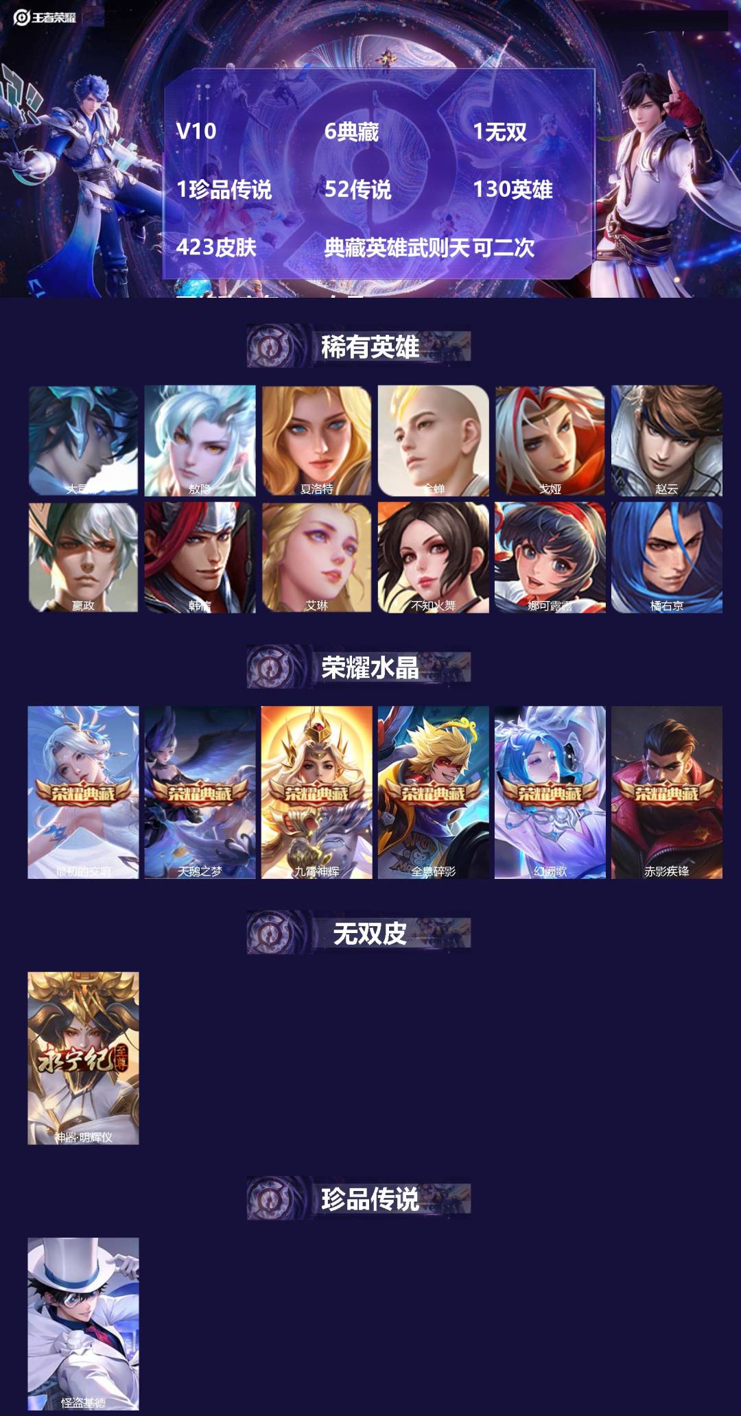 王者荣耀账号苹果QQ[22684052]V10 6典藏 1无双 1珍品传说 52传说 130英雄 423皮肤 典藏英雄武