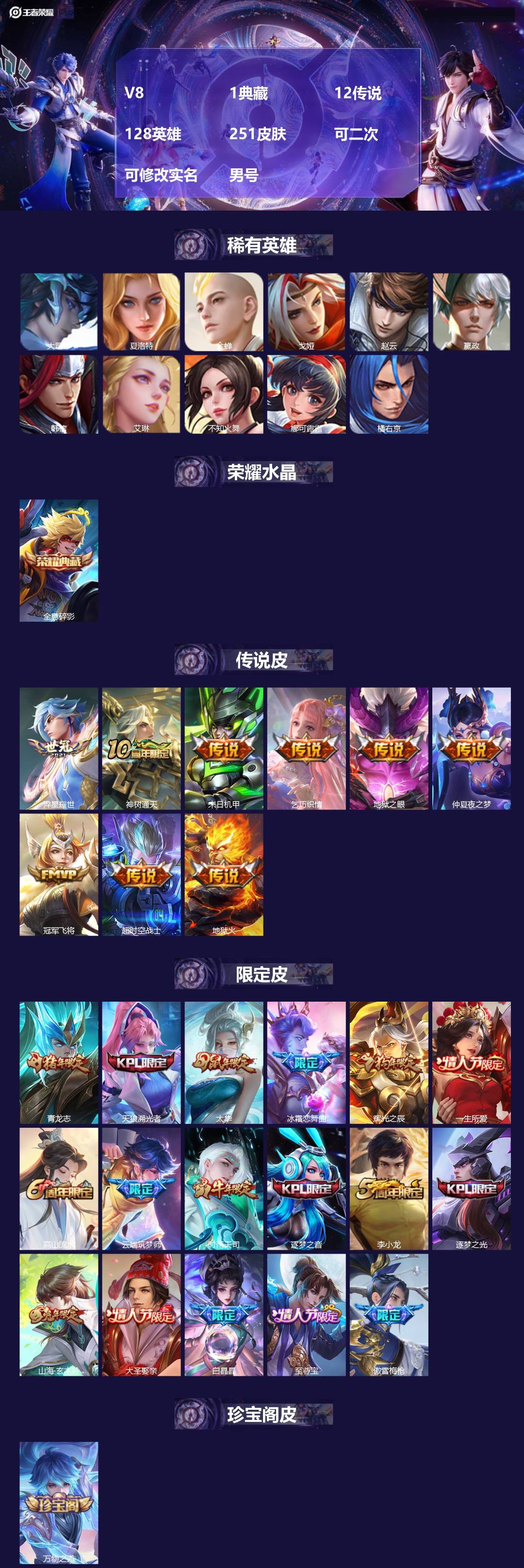 王者荣耀账号苹果QQ[22719396]V8 1典藏 12传说 128英雄 251皮肤 可二次 可修改实名 男号 
【英