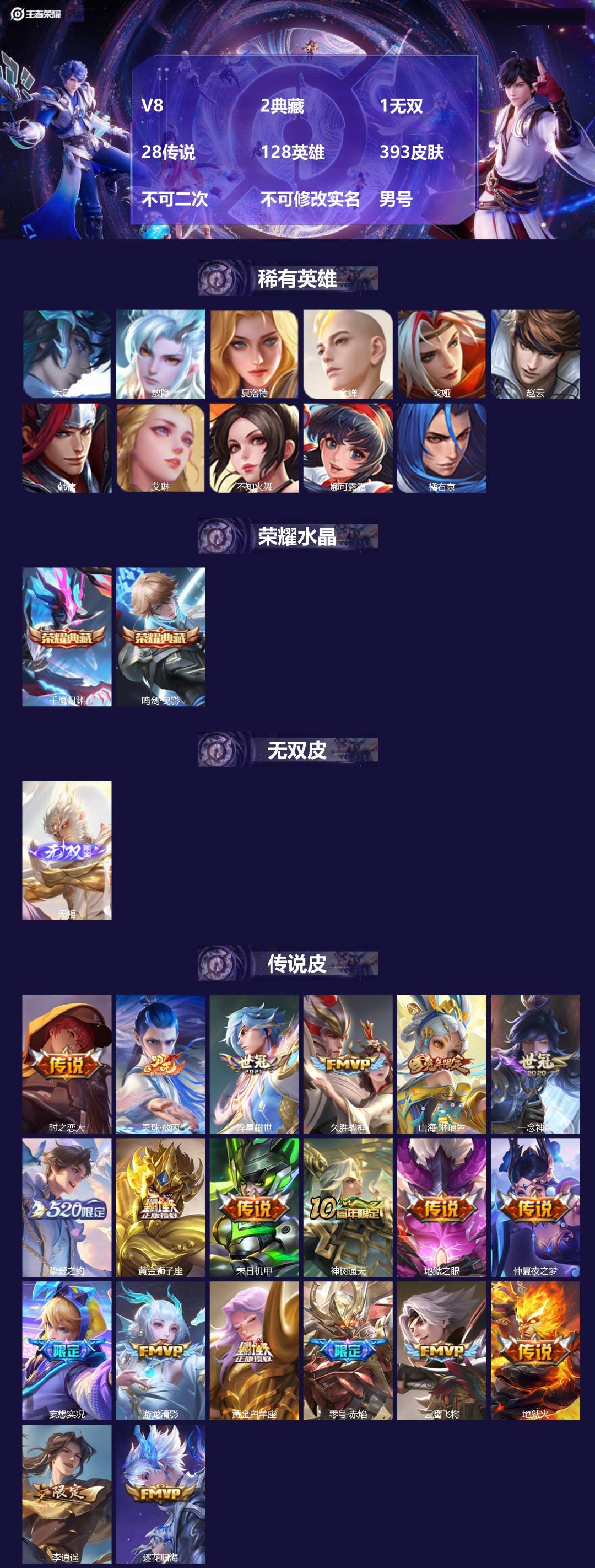 王者荣耀账号苹果QQ[22725751]V8 2典藏 1无双 28传说 128英雄 393皮肤 不可二次 不可修改实名 