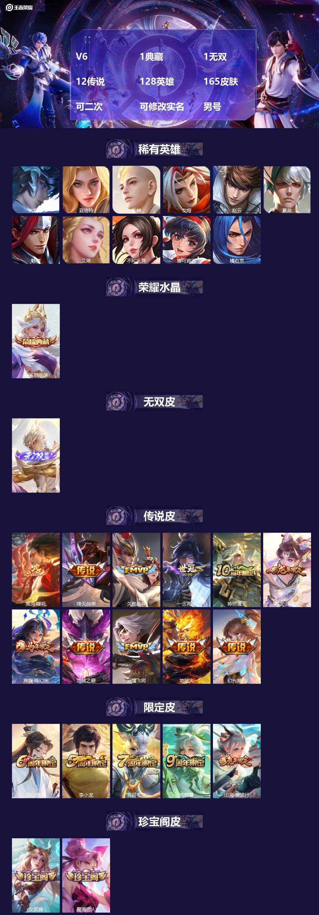 王者荣耀账号安卓QQ[22777132]V6 1典藏 1无双 12传说 128英雄 165皮肤 可二次 可修改实名 男号