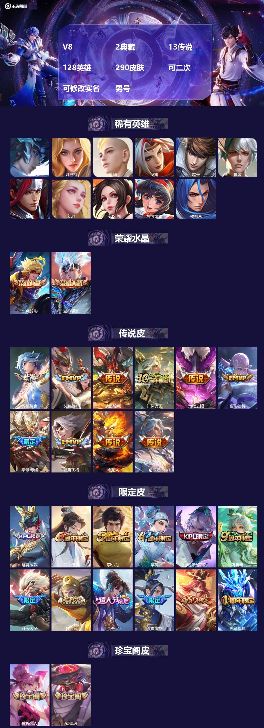 王者荣耀账号安卓QQ[22787272]V8 2典藏 13传说 128英雄 290皮肤 可二次 可修改实名 男号 
【英