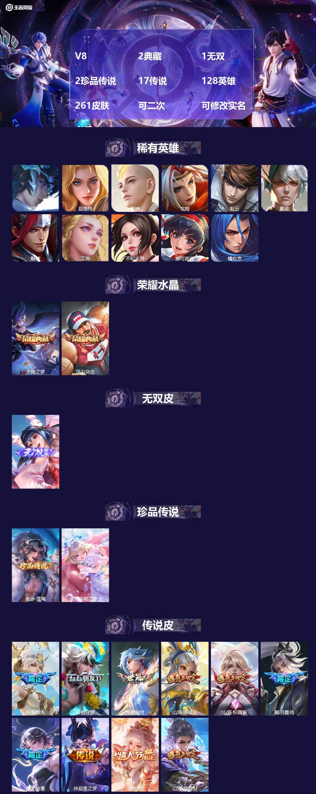王者荣耀账号苹果QQV8 2典藏 1无双 2珍品传说 17传说 128英雄 261皮肤 可二次 可修改实名 女号 
【英