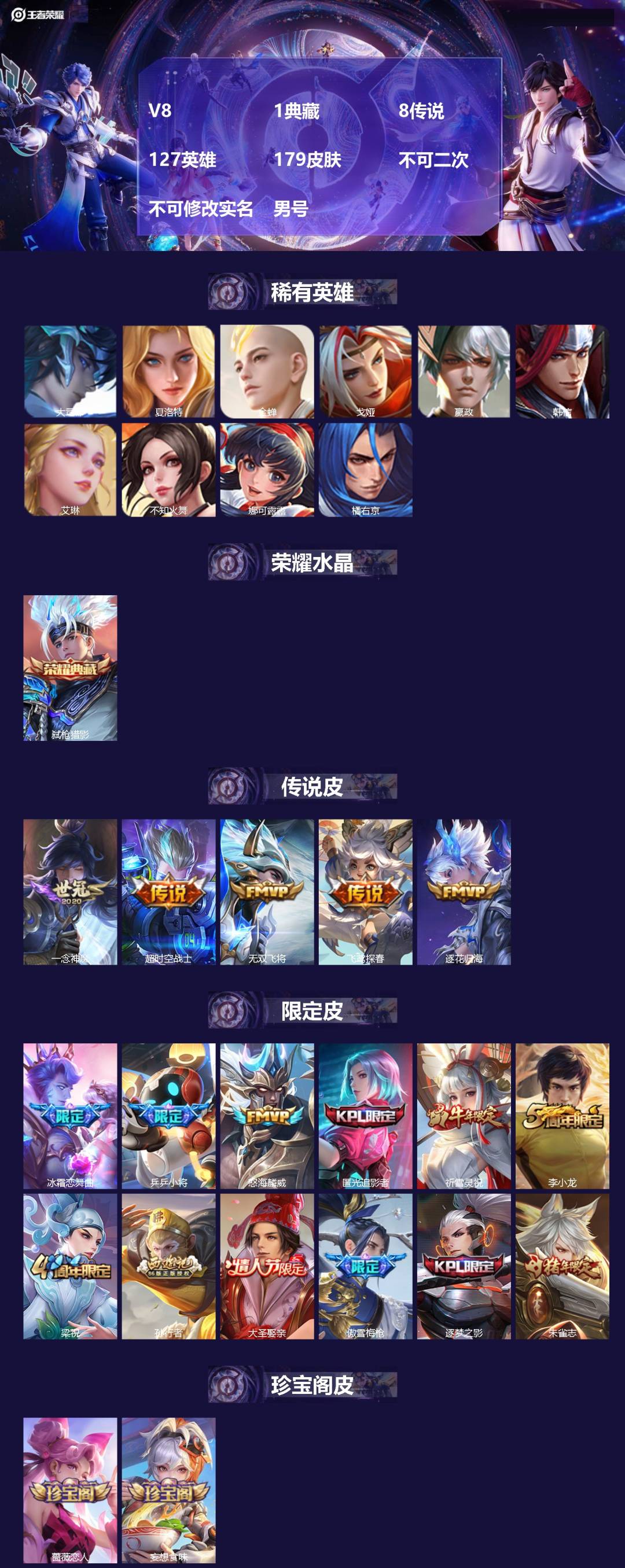 王者荣耀账号苹果QQV8 1典藏 8传说 127英雄 179皮肤 不可二次 不可修改实名 男号 
【英雄全皮】大禹全皮
