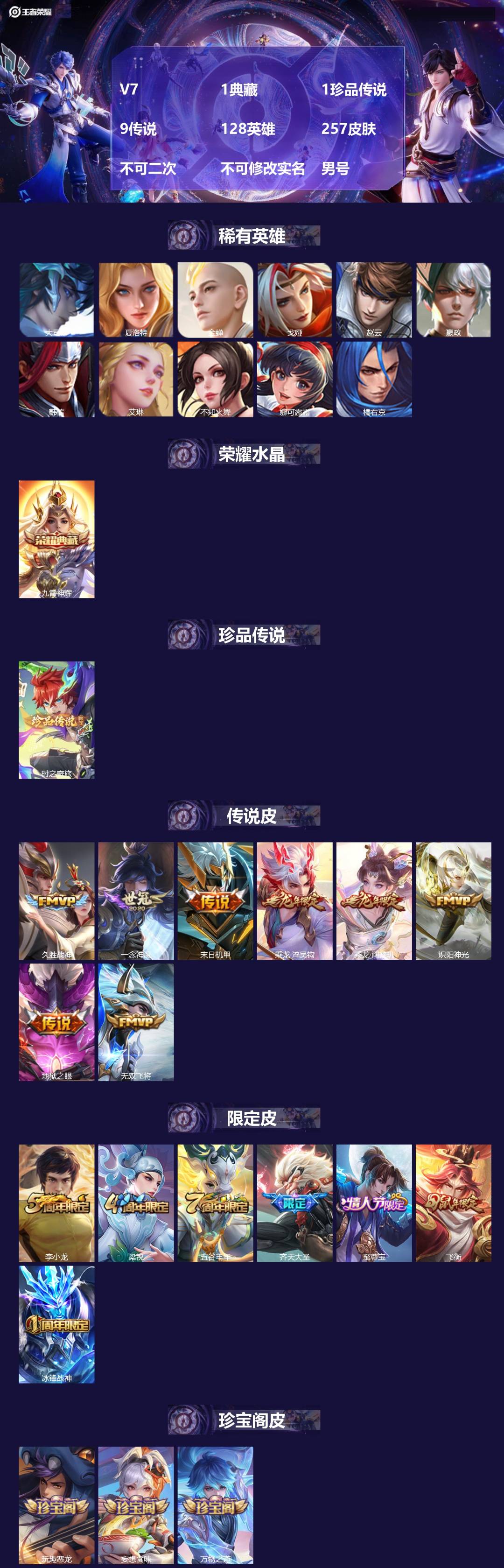王者荣耀账号安卓QQ[22932509]V7 1典藏 1珍品传说 9传说 128英雄 257皮肤 不可二次 不可修改实名