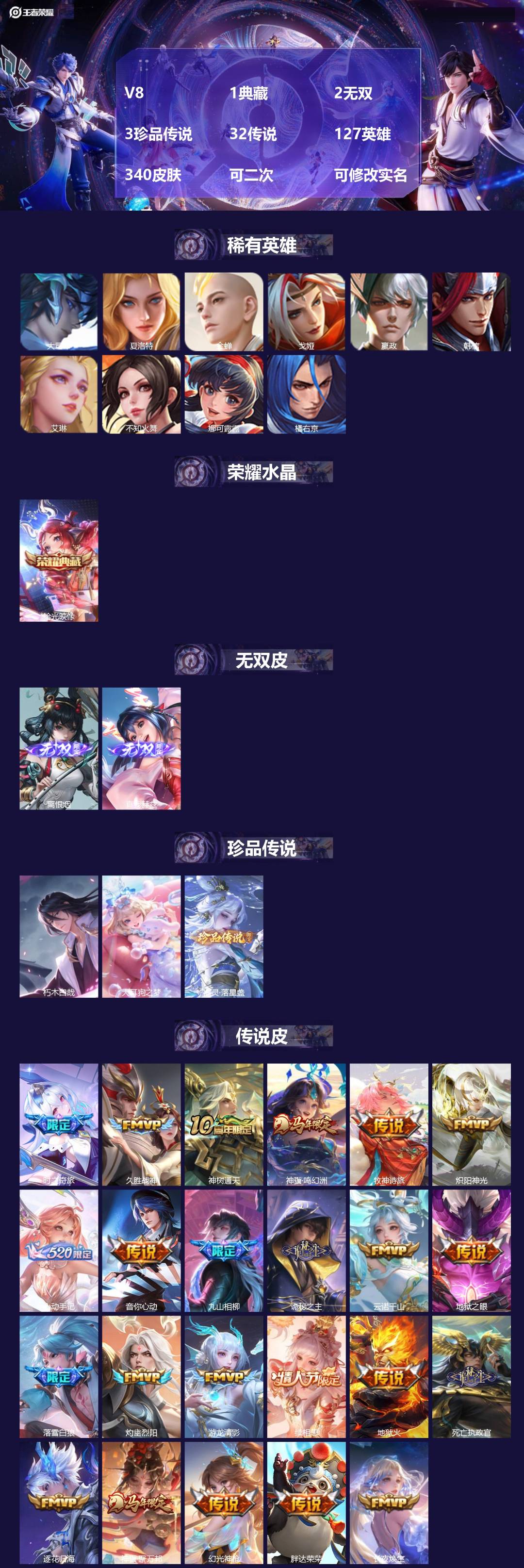 王者荣耀账号安卓QQ[22934868]V8 1典藏 2无双 3珍品传说 32传说 127英雄 340皮肤 可二次 可修