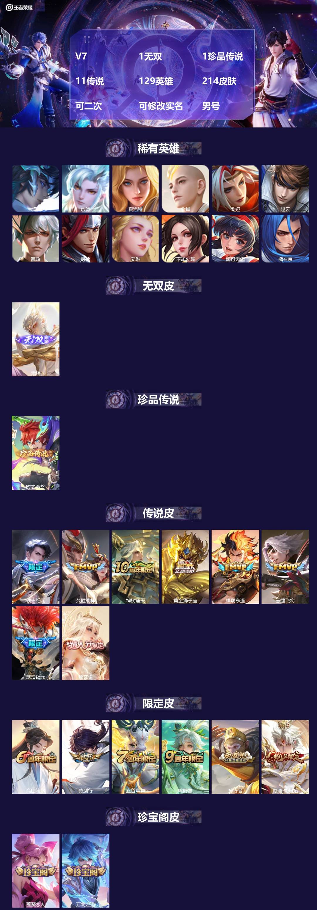 王者荣耀账号苹果QQ[22940431]V7 1无双 1珍品传说 11传说 129英雄 214皮肤 可二次 可修改实名 