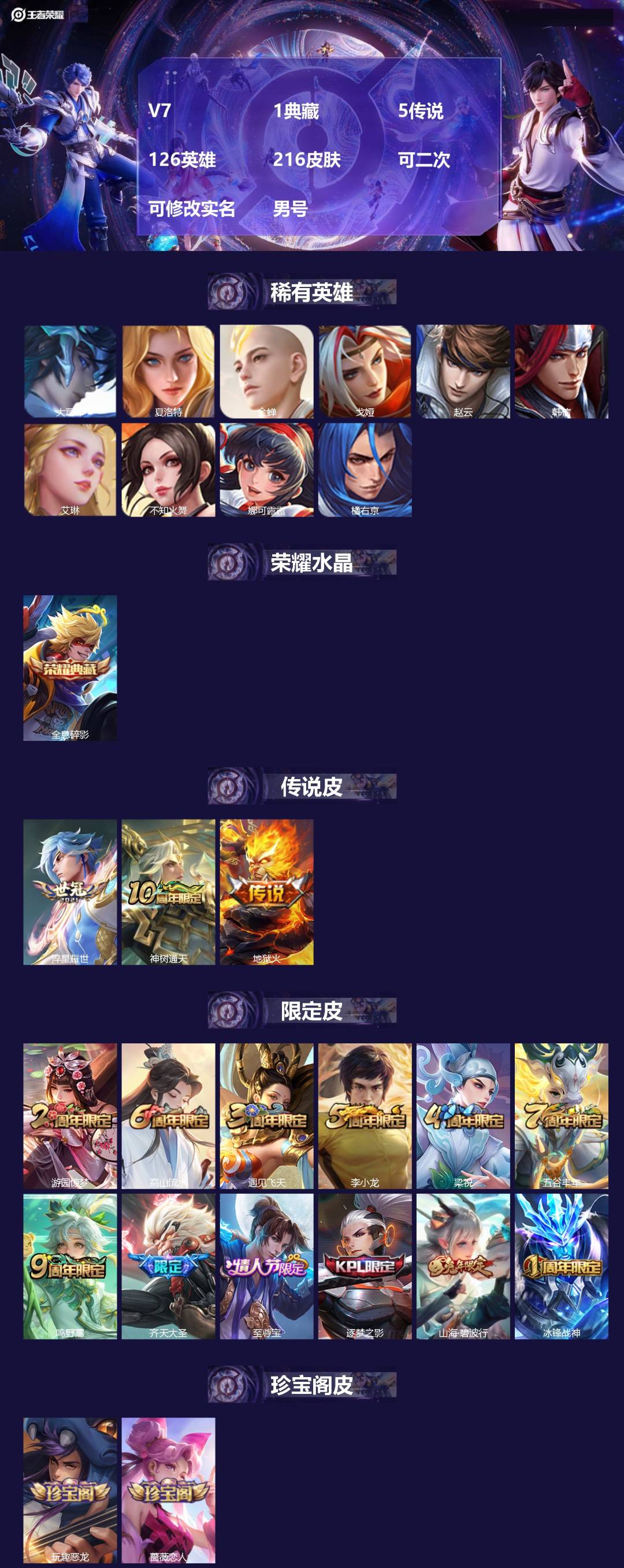 王者荣耀账号安卓QQV7 1典藏 5传说 126英雄 216皮肤 可二次 可修改实名 男号 
【稀有英雄】大司命,韩信(