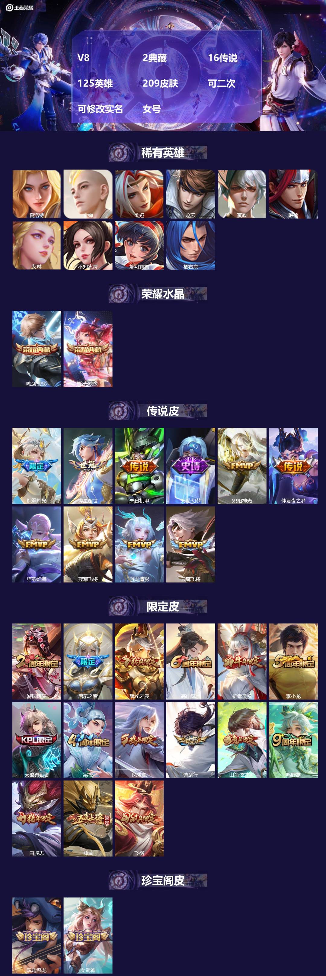 王者荣耀账号安卓QQ[22985053]V8 2典藏 16传说 125英雄 209皮肤 可二次 可修改实名 女号 
【英