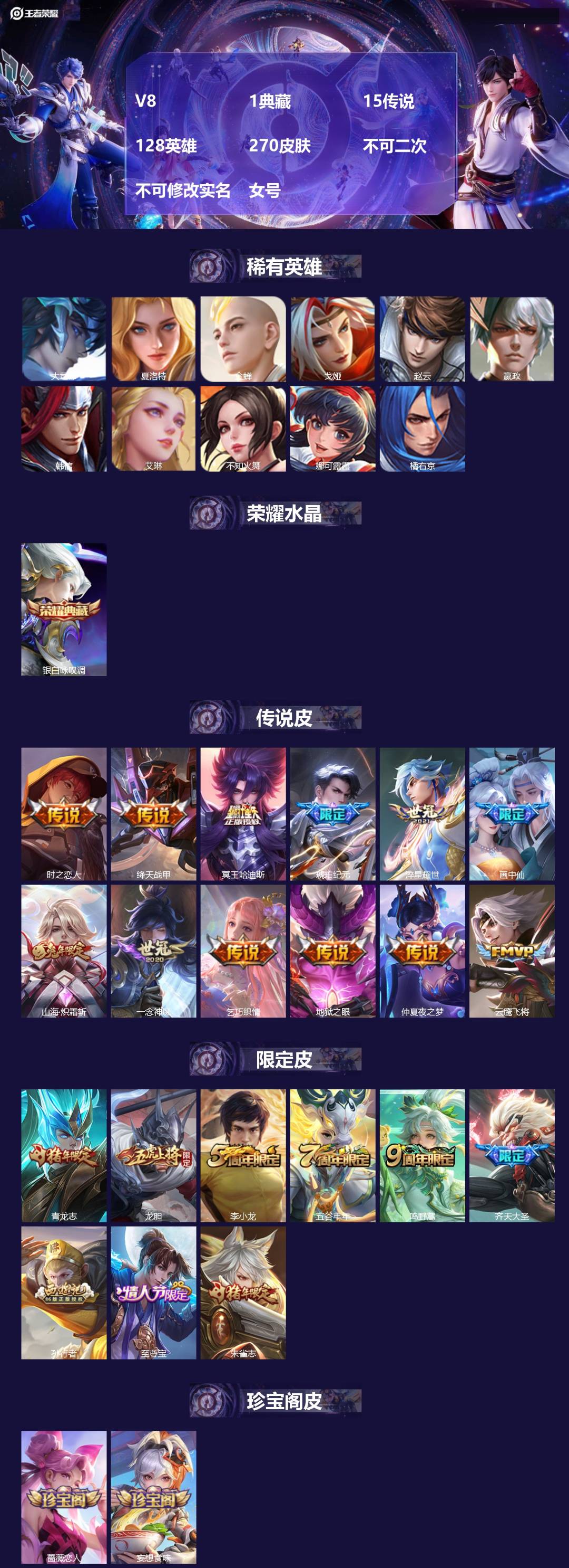 王者荣耀账号安卓QQ[22997957]V8 1典藏 15传说 128英雄 270皮肤 不可二次 不可修改实名 女号 
