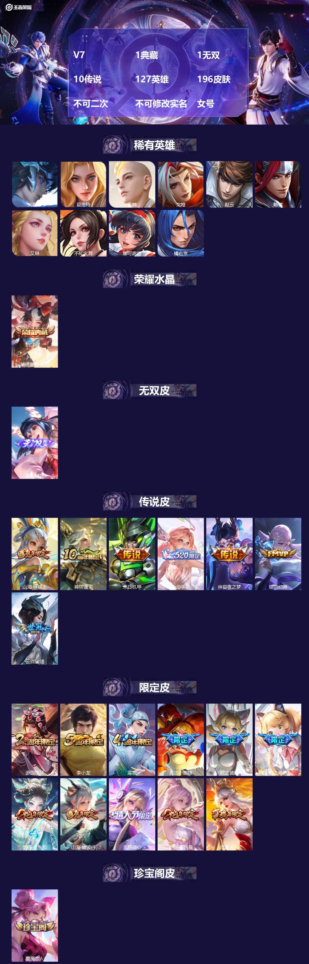 王者荣耀账号安卓QQ[23022689]V7 1典藏 1无双 10传说 127英雄 196皮肤 不可二次 不可修改实名 
