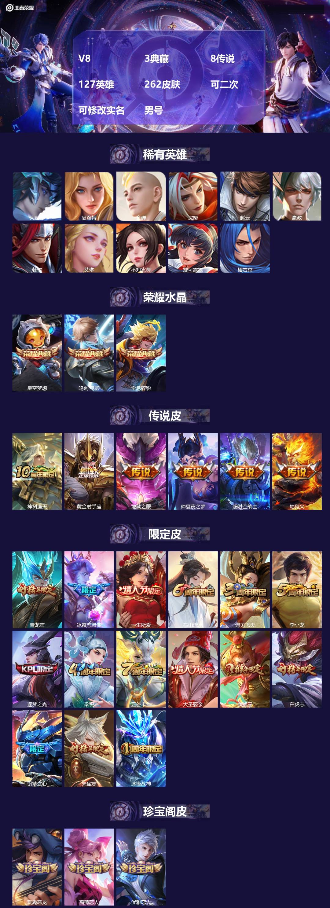王者荣耀账号安卓QQ[23028682]V8 3典藏 8传说 127英雄 262皮肤 可二次 可修改实名 男号 
【稀有