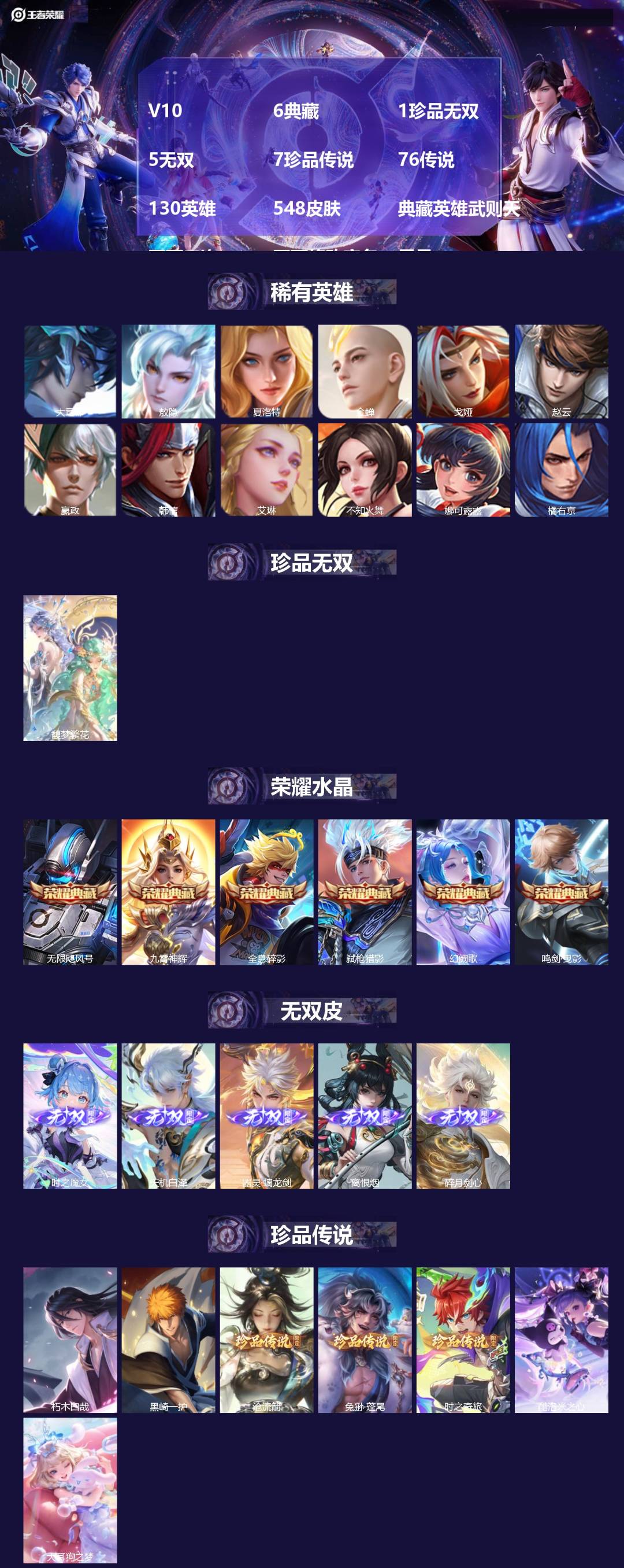 王者荣耀账号安卓QQ[23119220]V10 6典藏 1珍品无双 5无双 7珍品传说 76传说 130英雄 548皮肤