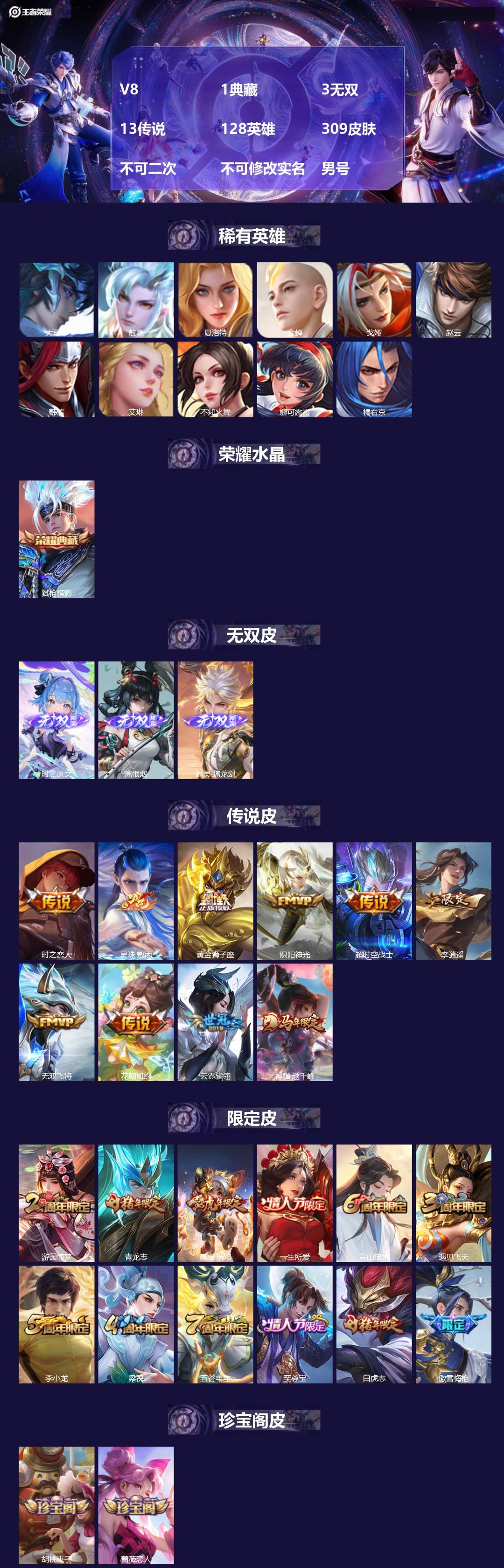 王者荣耀账号苹果QQ[23159268]V8 1典藏 3无双 13传说 128英雄 309皮肤 不可二次 不可修改实名 