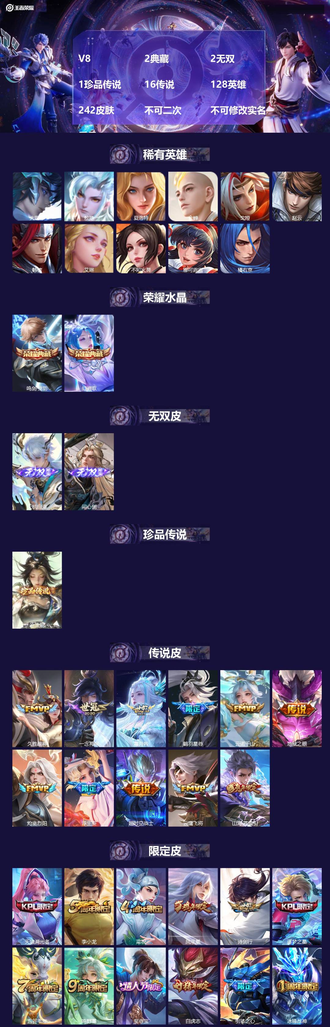 王者荣耀账号安卓QQ[23217357]V8 2典藏 2无双 1珍品传说 16传说 128英雄 242皮肤 不可二次 不