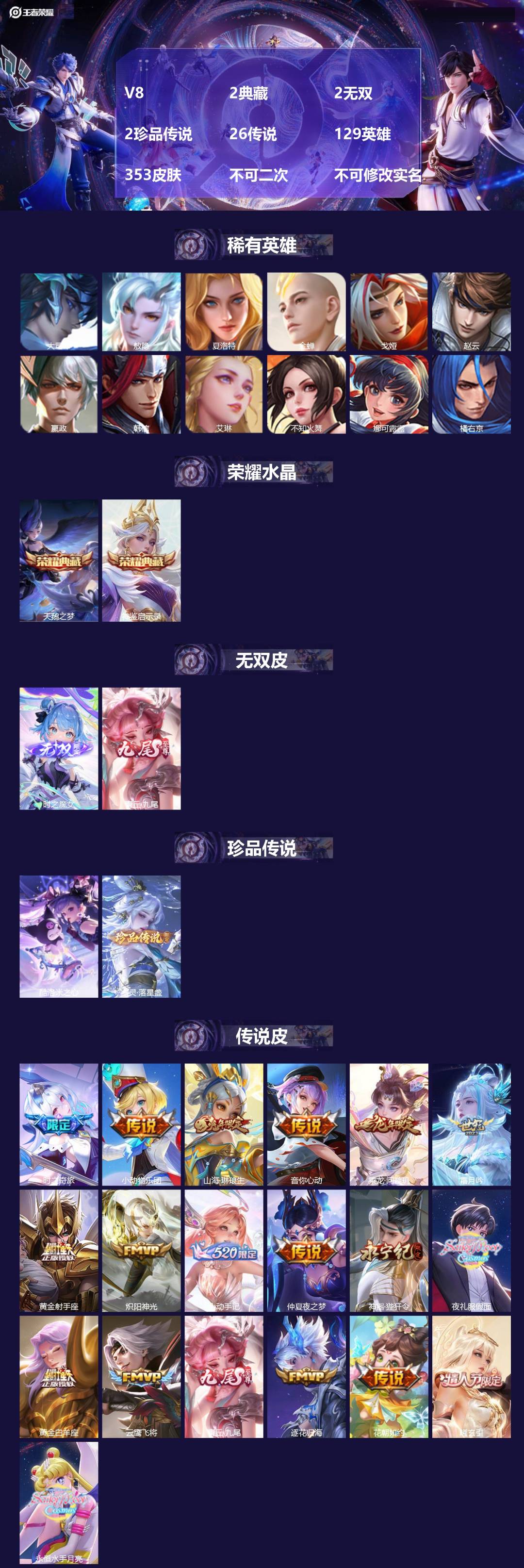 王者荣耀账号安卓VXV8 2典藏 2无双 2珍品传说 26传说 129英雄 353皮肤 不可二次 不可修改实名 女号 
