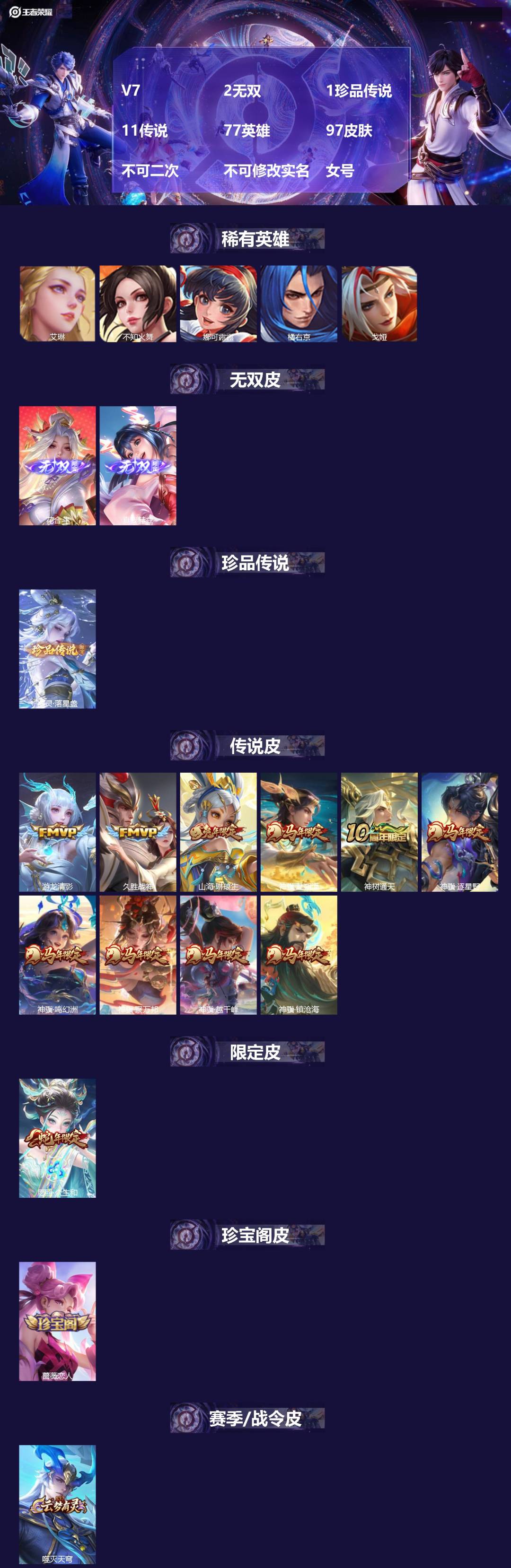 王者荣耀账号苹果QQ[23220942]V7 2无双 1珍品传说 11传说 77英雄 97皮肤 不可二次 不可修改实名 