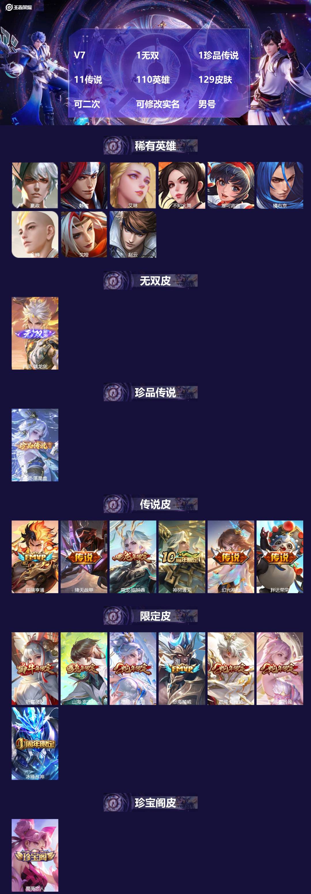 王者荣耀账号安卓QQ[23240759]V7 1无双 1珍品传说 11传说 110英雄 129皮肤 可二次 可修改实名 