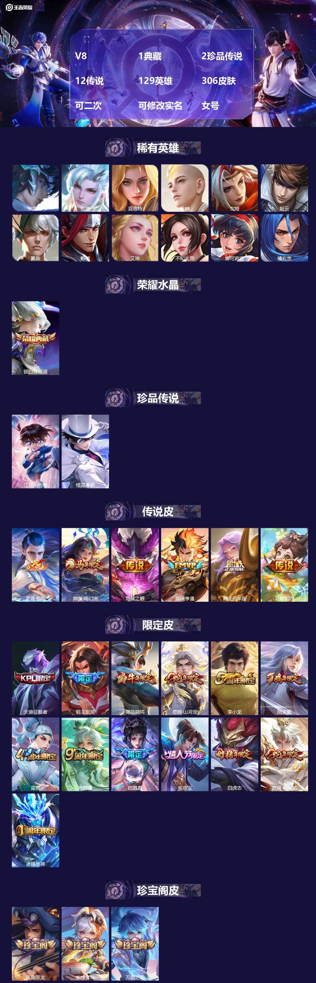 王者荣耀账号苹果QQV8 1典藏 2珍品传说 12传说 129英雄 306皮肤 可二次 可修改实名 女号 
【英雄全皮】