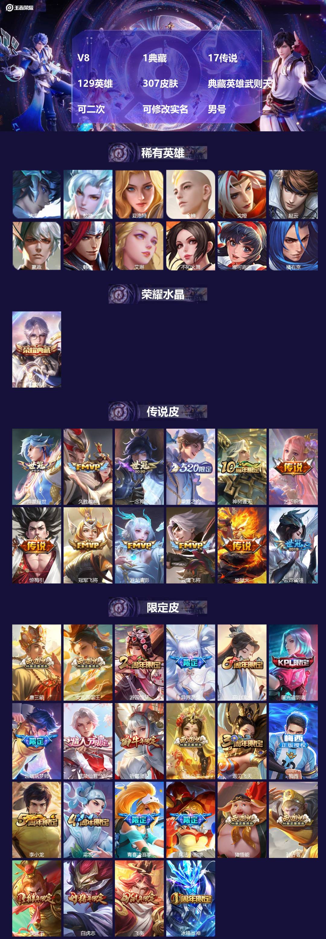王者荣耀账号安卓QQ[23423129]V8 1典藏 17传说 129英雄 307皮肤 典藏英雄武则天 可二次 可修改实