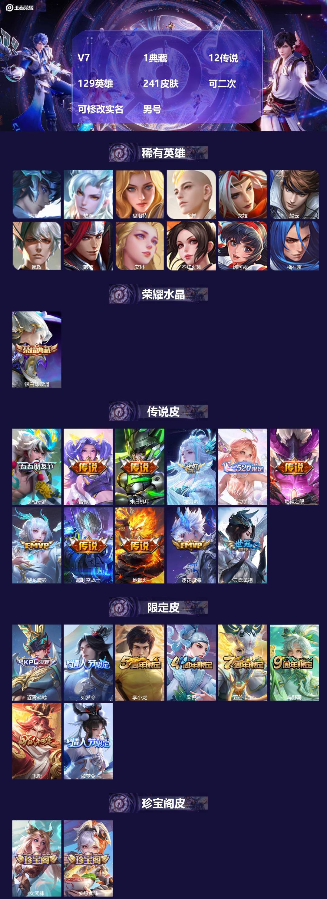王者荣耀账号安卓QQV7 1典藏 12传说 129英雄 241皮肤 可二次 可修改实名 男号 
【英雄全皮】大禹全皮
【