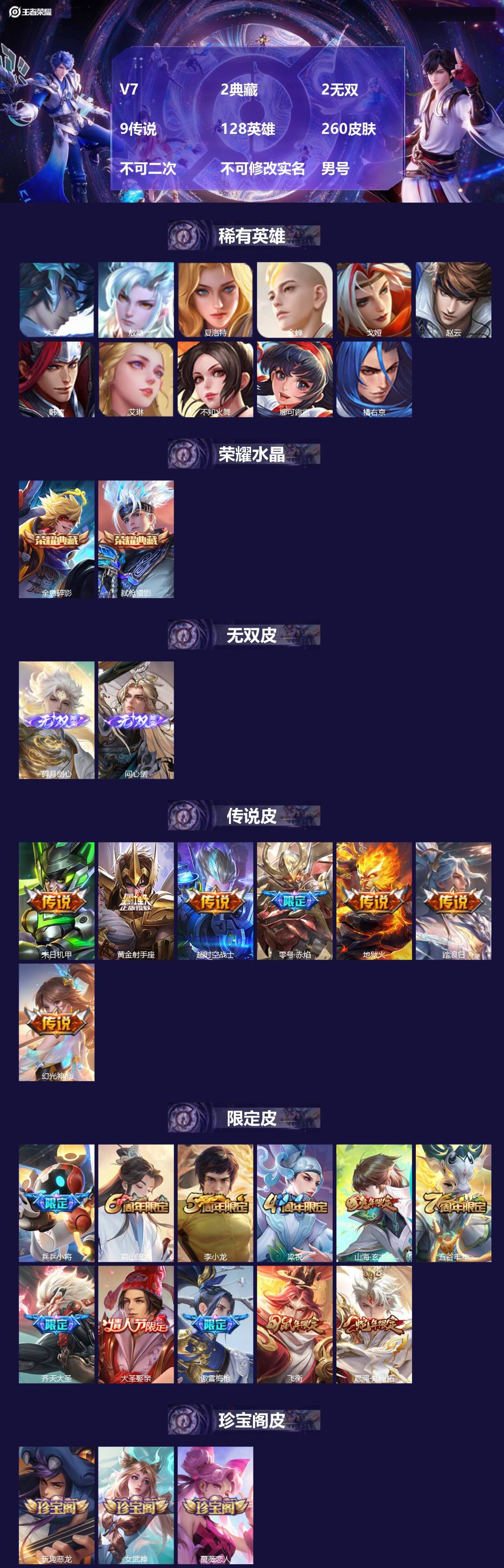 王者荣耀账号安卓QQ[23446988]V7 2典藏 2无双 9传说 128英雄 260皮肤 不可二次 不可修改实名 男