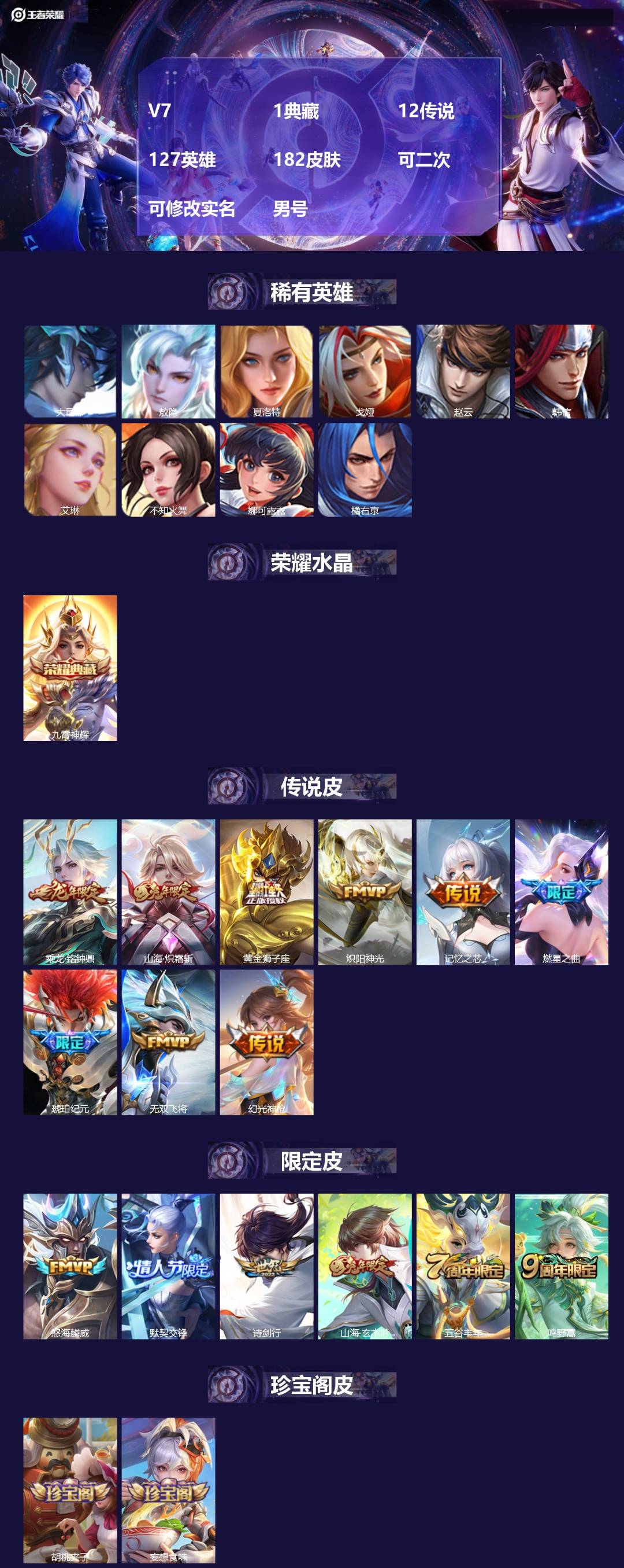 王者荣耀账号安卓QQV7 1典藏 12传说 127英雄 182皮肤 可二次 可修改实名 男号 
【英雄全皮】蚩奼全皮,大
