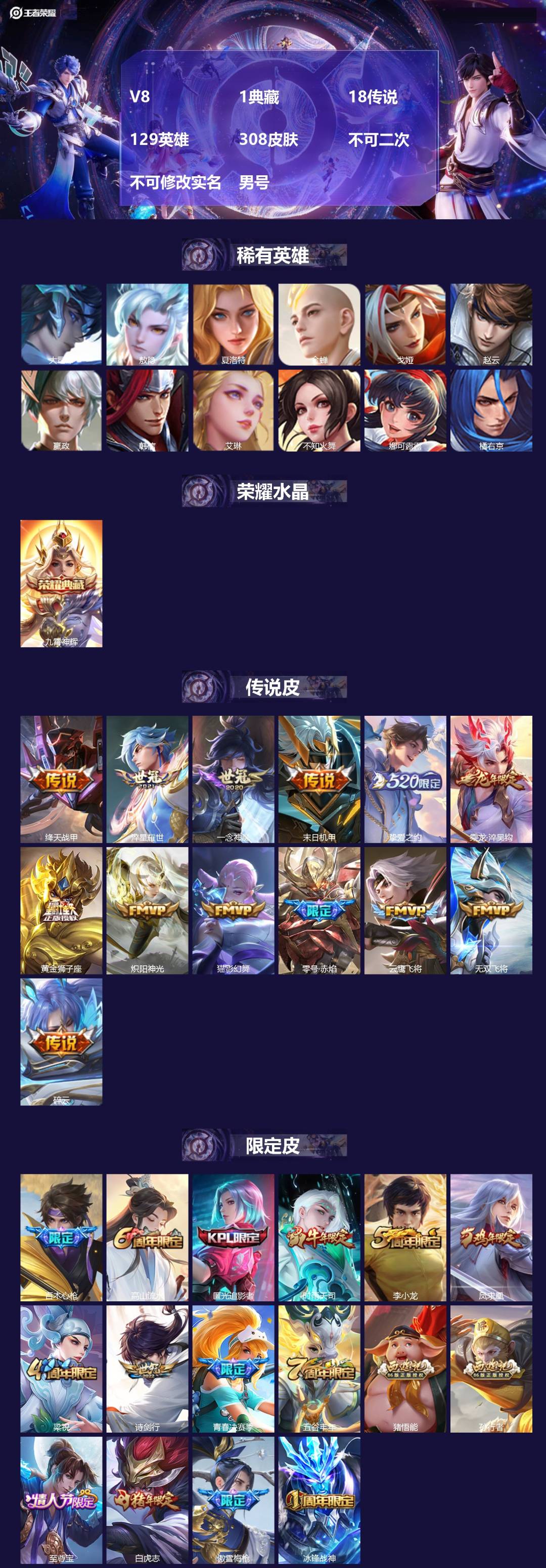 王者荣耀账号安卓QQ[23468871]V8 1典藏 18传说 129英雄 308皮肤 不可二次 不可修改实名 男号 
