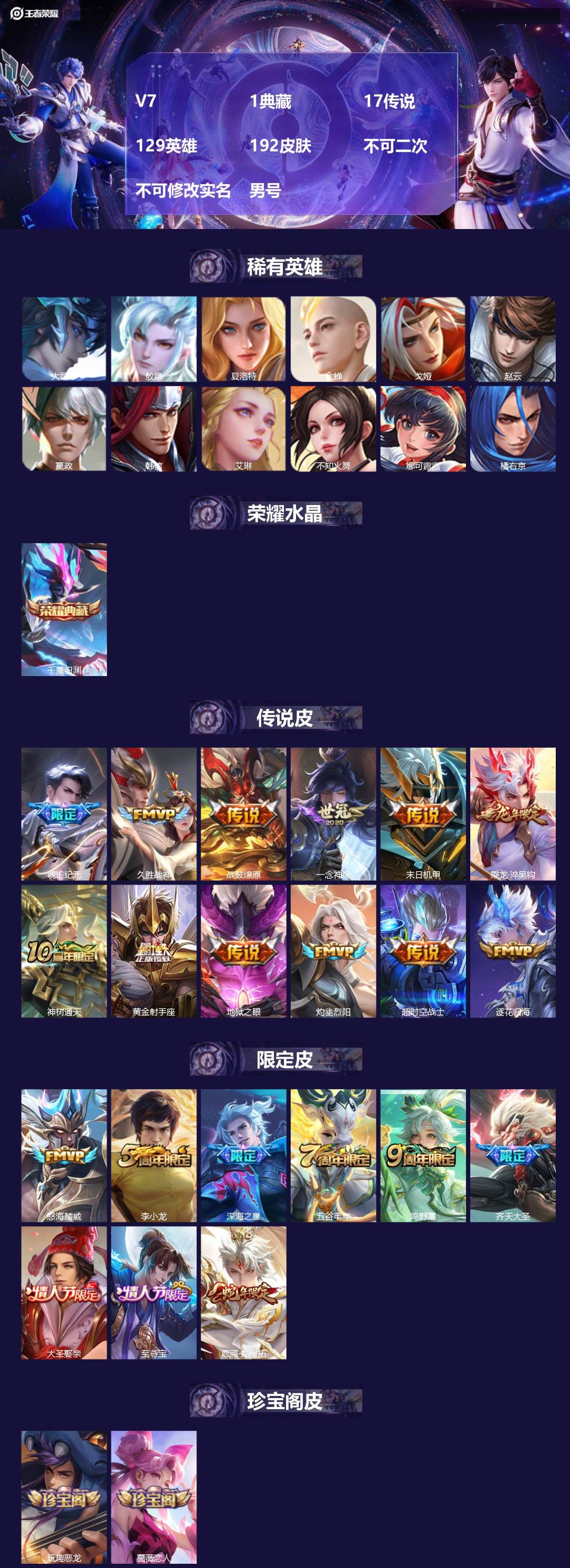 王者荣耀账号安卓QQ[23469282]V7 1典藏 17传说 129英雄 192皮肤 不可二次 不可修改实名 男号 
