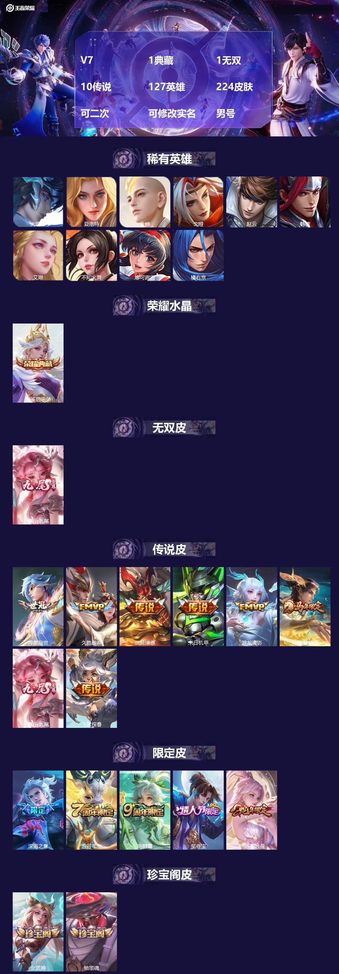 王者荣耀账号安卓QQV7 1典藏 1无双 10传说 127英雄 224皮肤 可二次 可修改实名 男号 
【英雄全皮】蚩奼