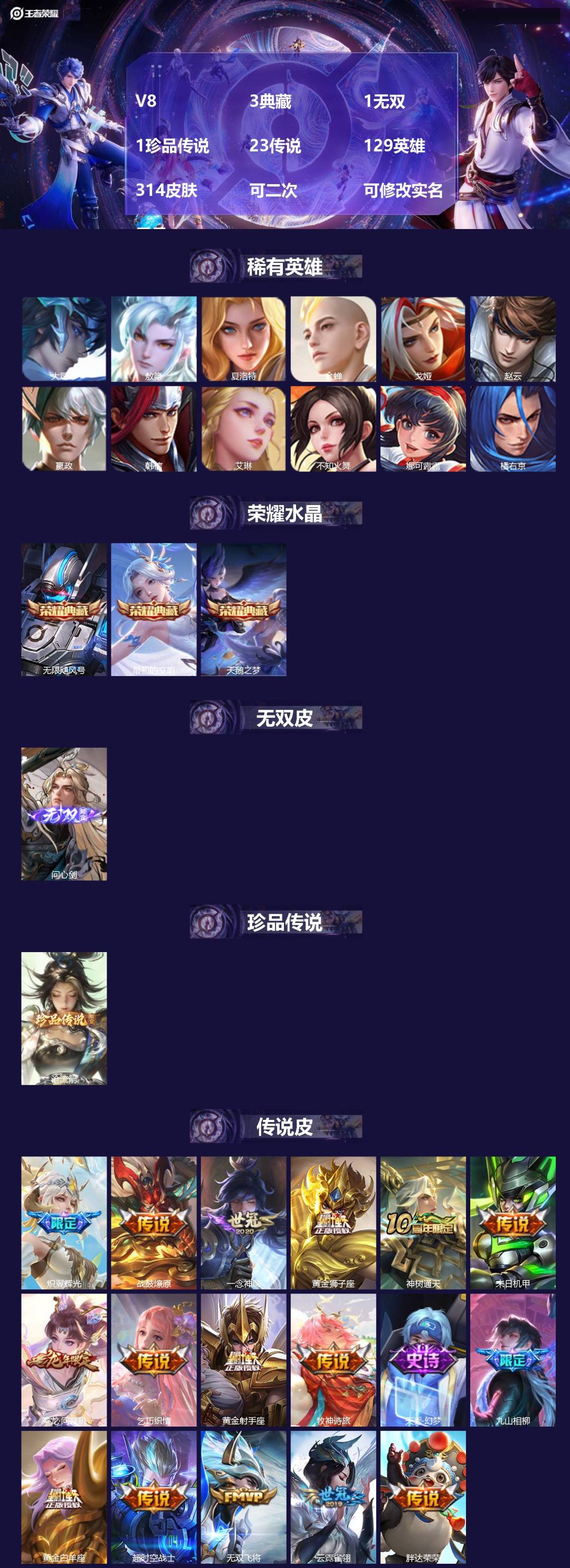 王者荣耀账号安卓QQV8 3典藏 1无双 1珍品传说 23传说 129英雄 314皮肤 可二次 可修改实名 男号 
【英
