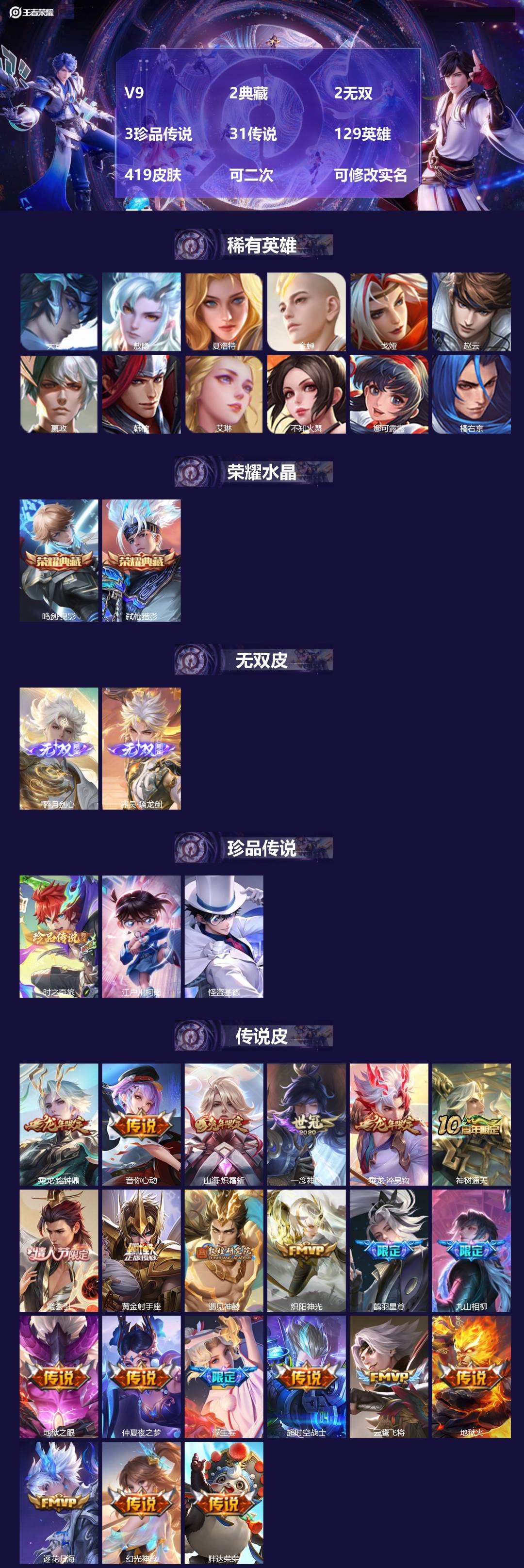 王者荣耀账号苹果QQV9 2典藏 2无双 3珍品传说 31传说 129英雄 419皮肤 可二次 可修改实名 男号 
【英