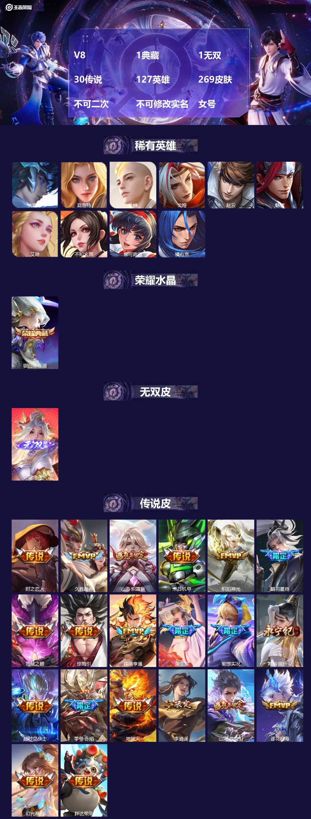 王者荣耀账号安卓QQV8 1典藏 1无双 30传说 127英雄 269皮肤 不可二次 不可修改实名 女号 
【英雄全皮】