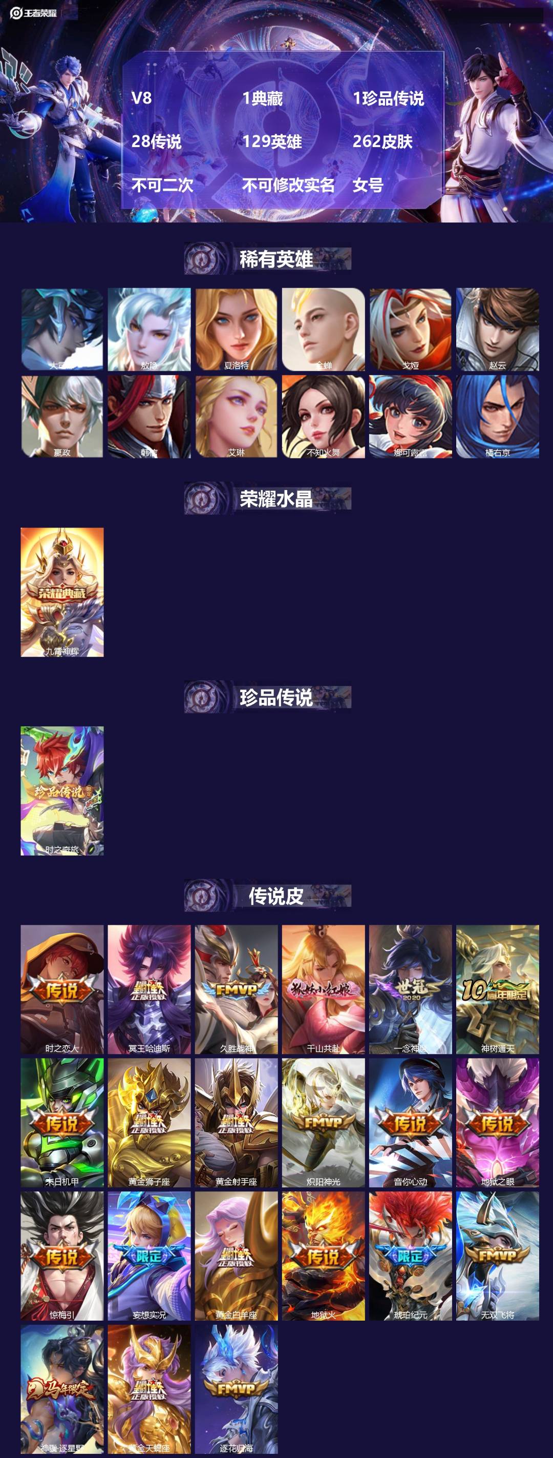 王者荣耀账号安卓QQV8 1典藏 1珍品传说 28传说 129英雄 262皮肤 不可二次 不可修改实名 女号 
【英雄全
