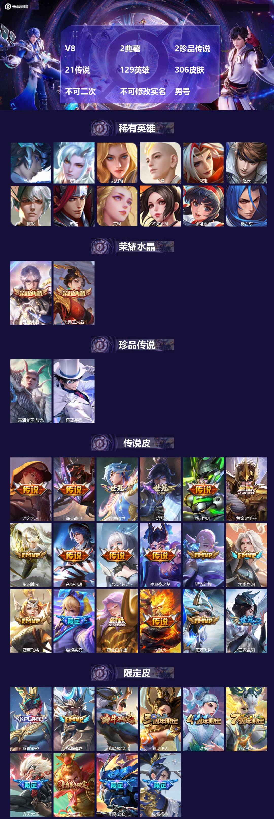 王者荣耀账号苹果QQV8 2典藏 2珍品传说 21传说 129英雄 306皮肤 不可二次 不可修改实名 男号 
【英雄全