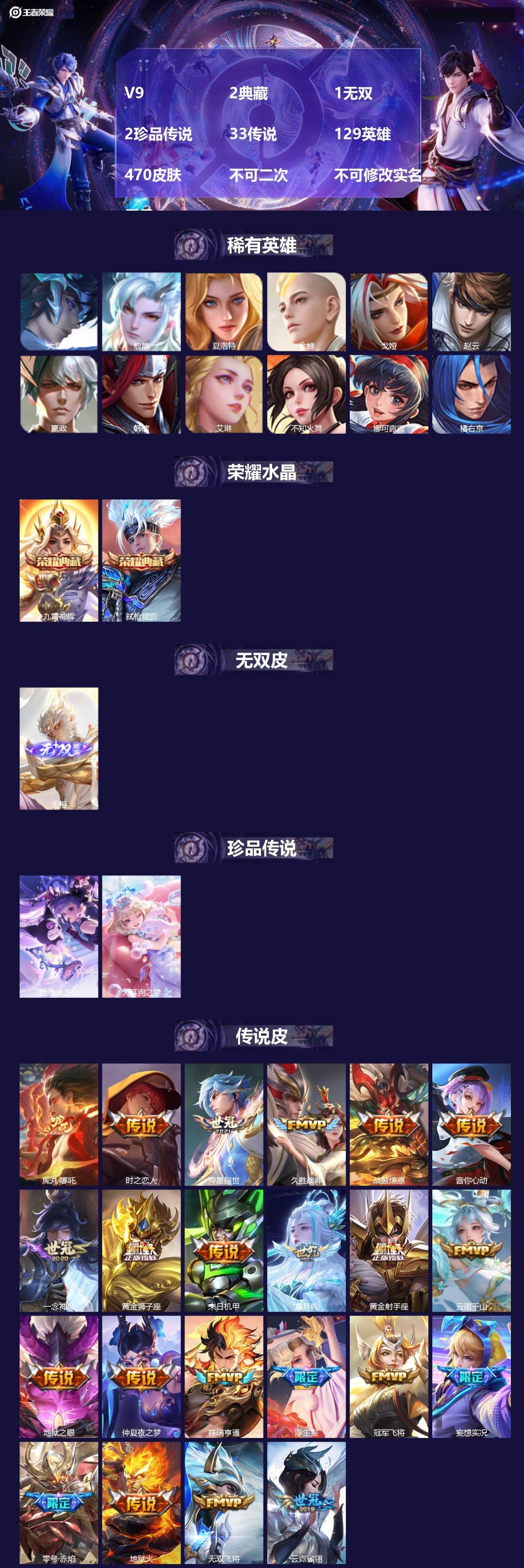 王者荣耀账号苹果VXV9 2典藏 1无双 2珍品传说 33传说 129英雄 470皮肤 不可二次 不可修改实名 男号 
