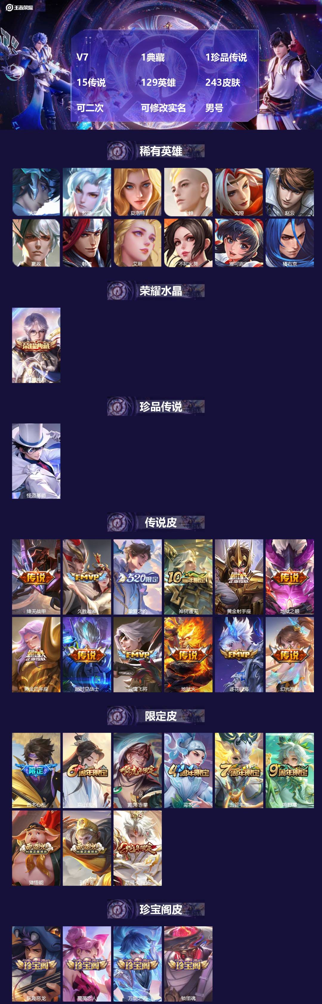 王者荣耀账号苹果QQV7 1典藏 1珍品传说 15传说 129英雄 243皮肤 可二次 可修改实名 男号 
【英雄全皮】